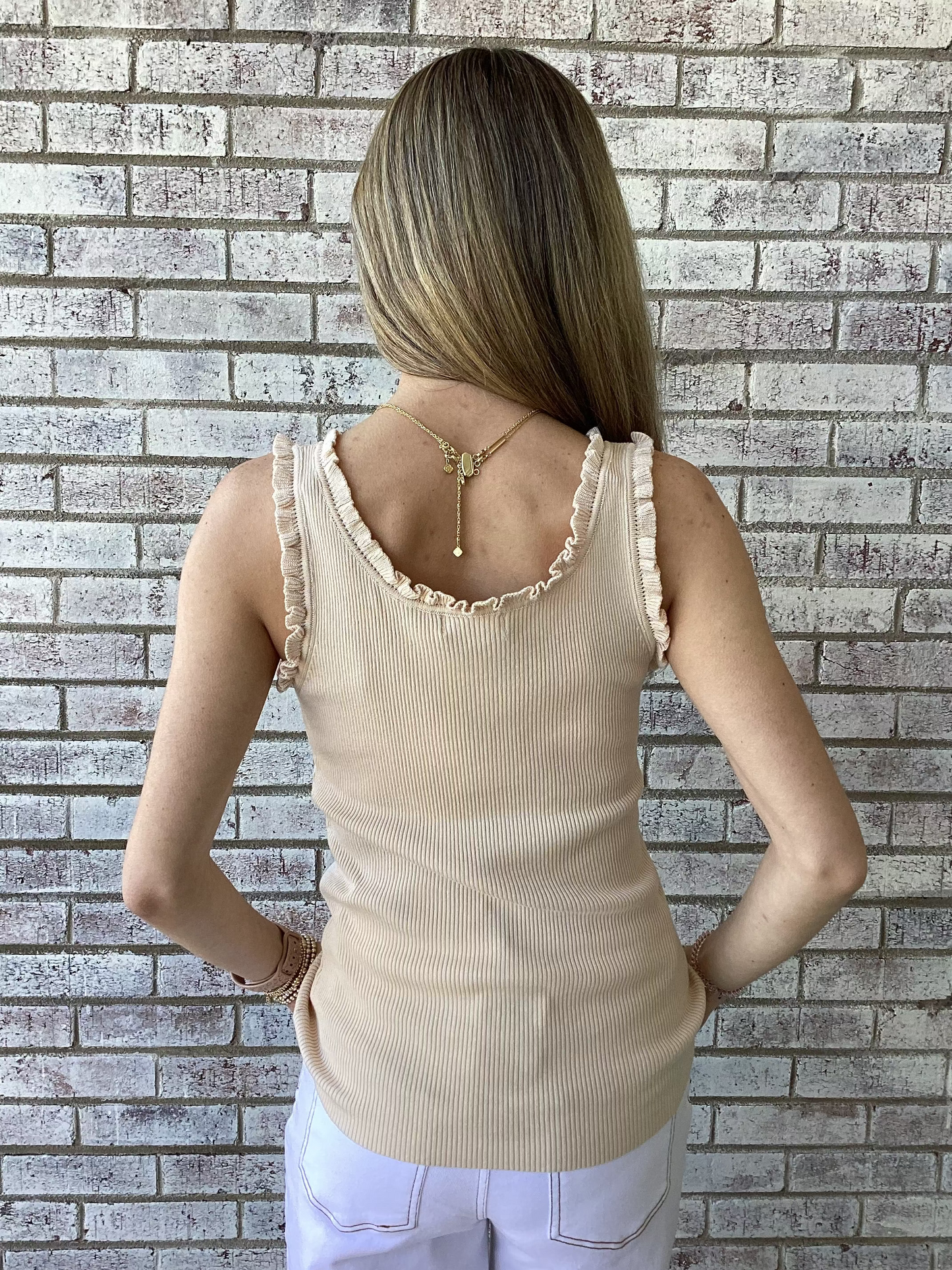 ET71802 Easel Natural Ruffle Hem Knit Sweater Tank