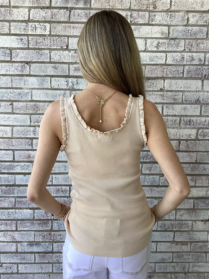 ET71802 Easel Natural Ruffle Hem Knit Sweater Tank
