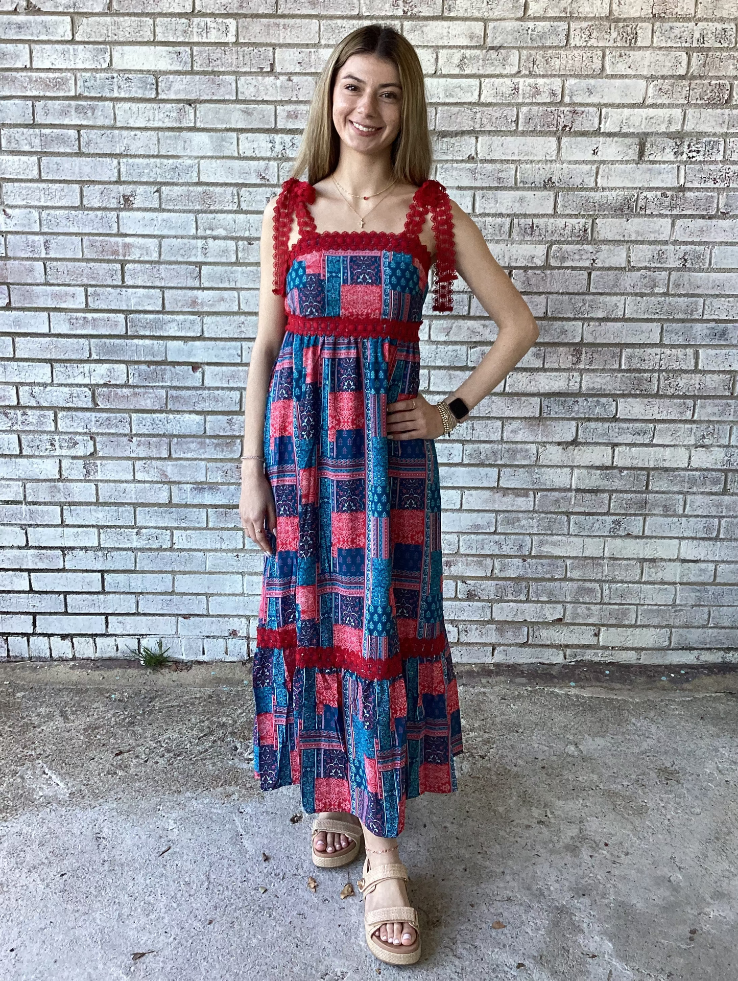 PP-0126-DRS-CSTL-TIE-BNPTH Simply Southern Patchwork Navy & Red Dress