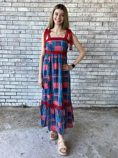 PP-0126-DRS-CSTL-TIE-BNPTH Simply Southern Patchwork Navy & Red Dress