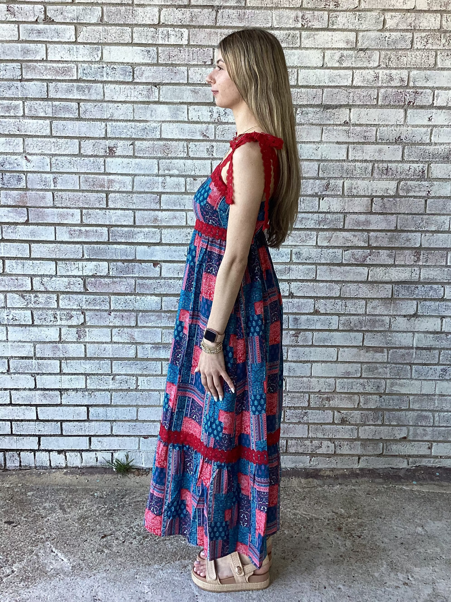 PP-0126-DRS-CSTL-TIE-BNPTH Simply Southern Patchwork Navy & Red Dress