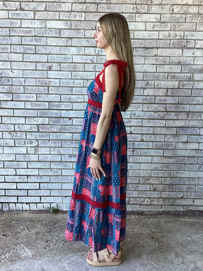 PP-0126-DRS-CSTL-TIE-BNPTH Simply Southern Patchwork Navy & Red Dress