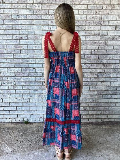 PP-0126-DRS-CSTL-TIE-BNPTH Simply Southern Patchwork Navy & Red Dress