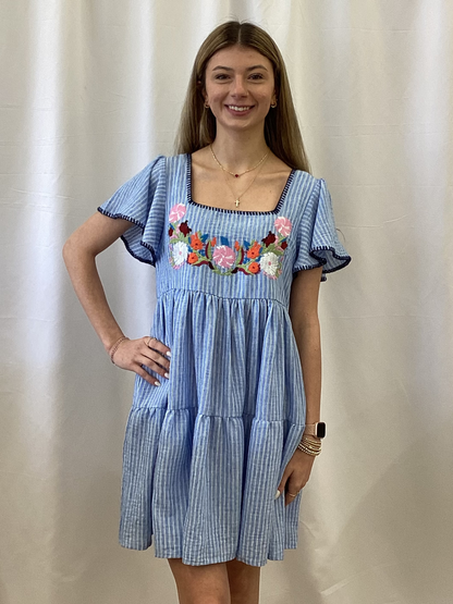 SD300024 Easel Blue Wing Sleeve Hand Stitched Dress