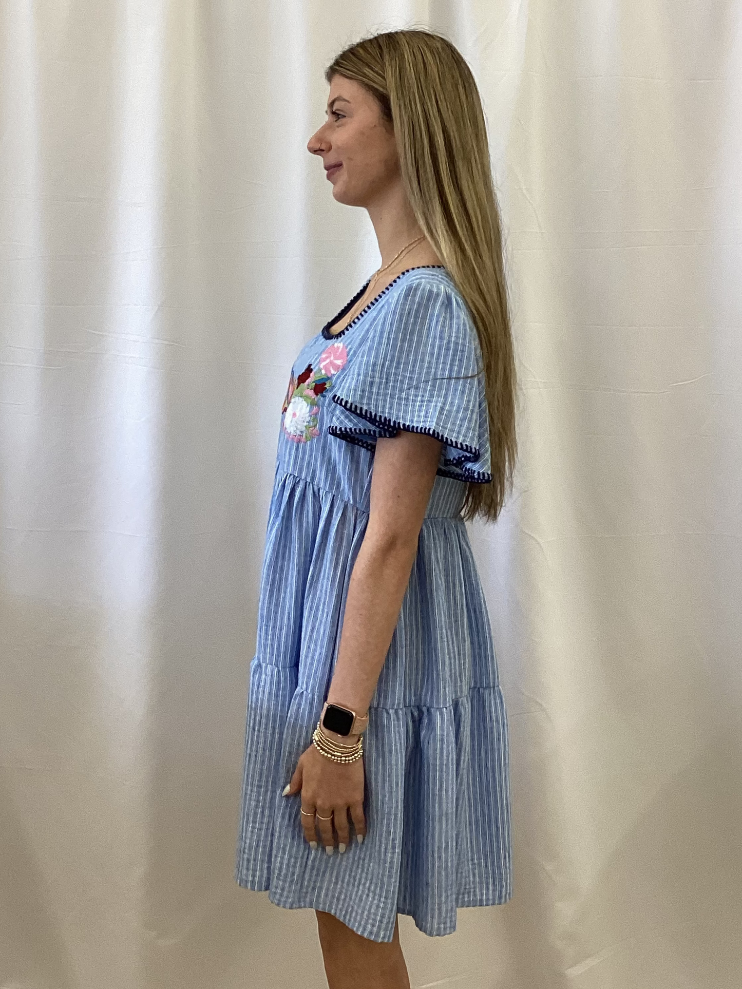 SD300024 Easel Blue Wing Sleeve Hand Stitched Dress