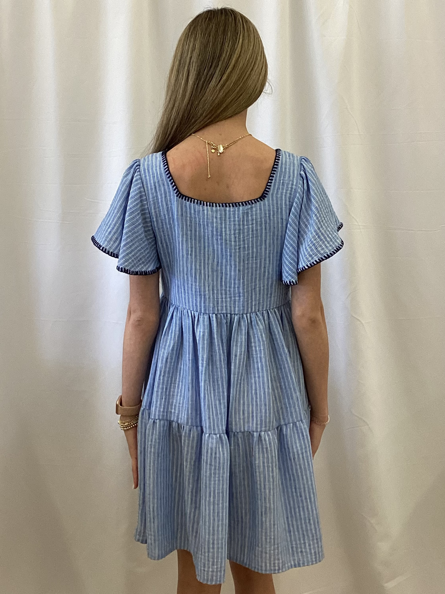 SD300024 Easel Blue Wing Sleeve Hand Stitched Dress