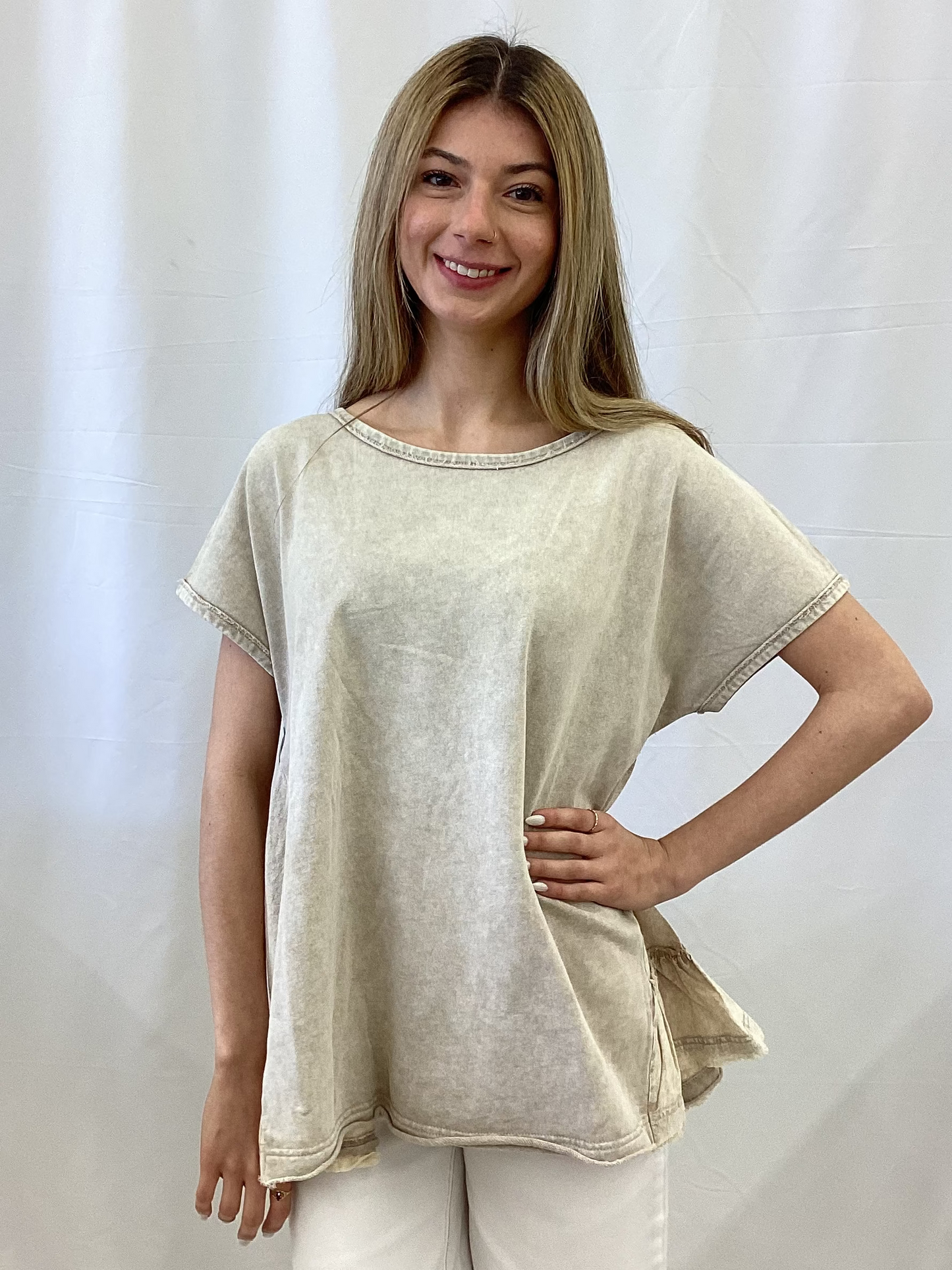 ET29021 Easel Mushroom Short Sleeve Ruffled Baby Doll Top