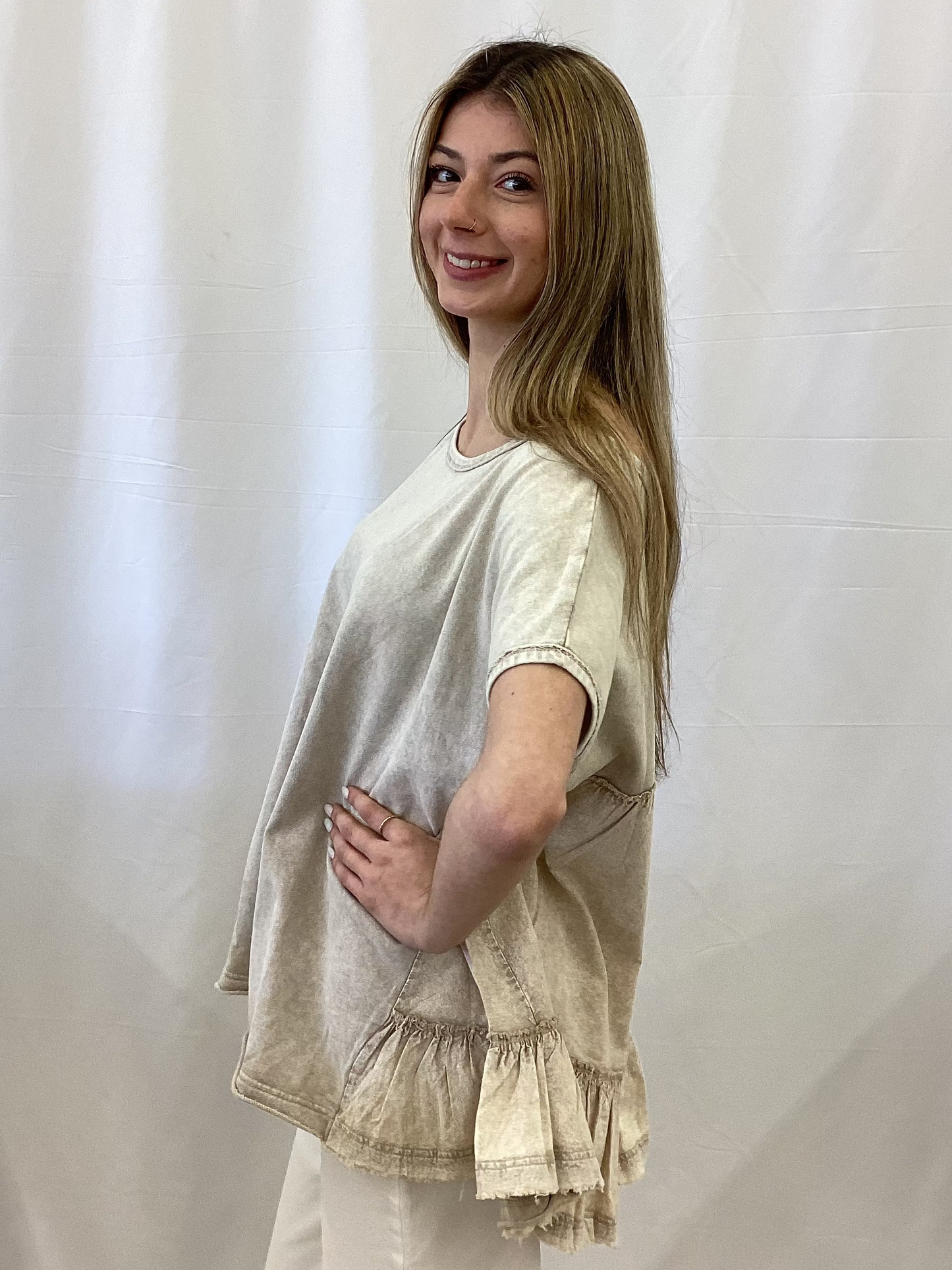 ET29021 Easel Mushroom Short Sleeve Ruffled Baby Doll Top