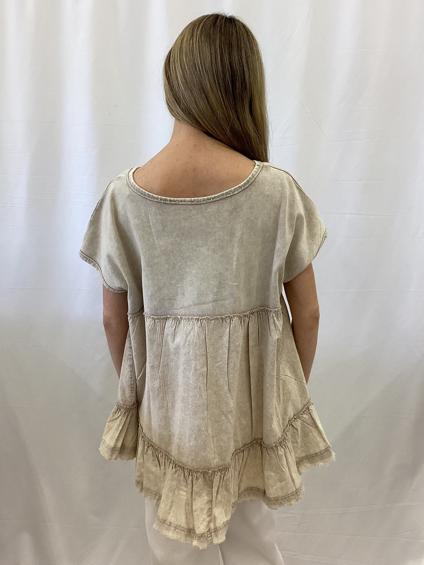 ET29021 Easel Mushroom Short Sleeve Ruffled Baby Doll Top