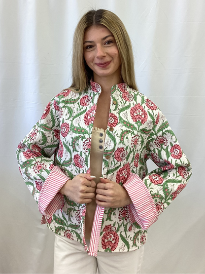 JK5535 Pink Flower Pattern Quilt Jacket