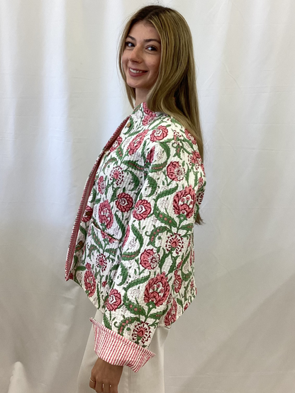 JK5535 Pink Flower Pattern Quilt Jacket