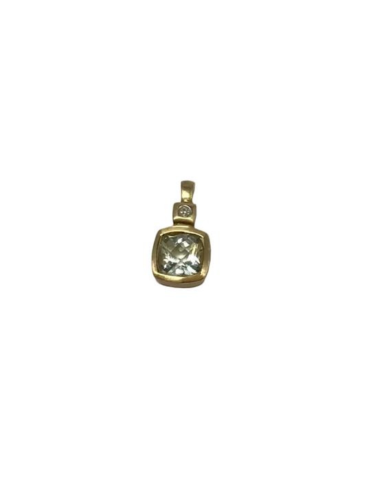 P2973 14K Brushed Yellow Gold Cushion Cut Bezel Set Pale Blue Stone Pendant