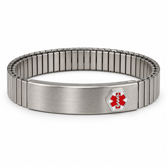 MED32 Medilog Men's Stainless Steel Medical Alert Stretchy Bracelet Silvertone 0