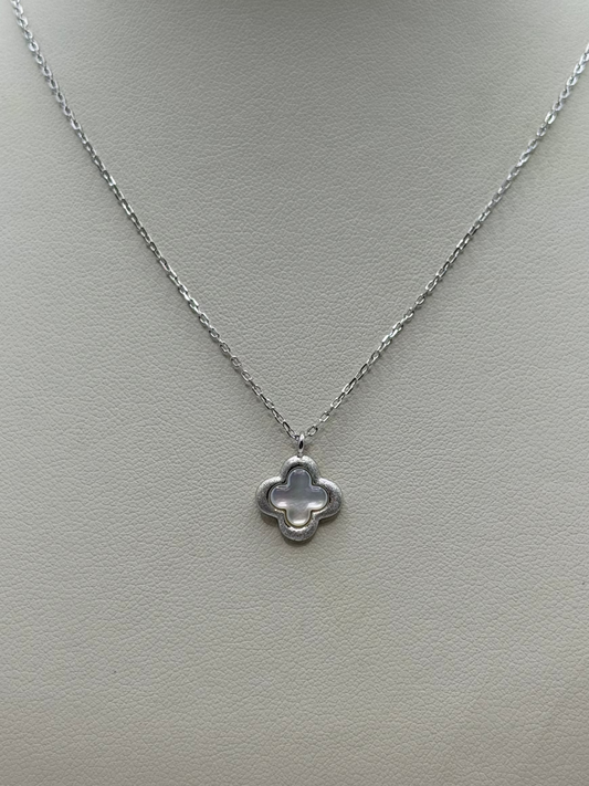 M-7980 925 Sterling Silver Brushed Mother of Pearl Flower Necklace 16"+2" Long 0