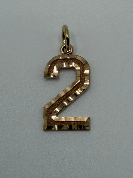 MN02 14K Yellow Gold Medium Diamond-Cut Number 2 Charm 0