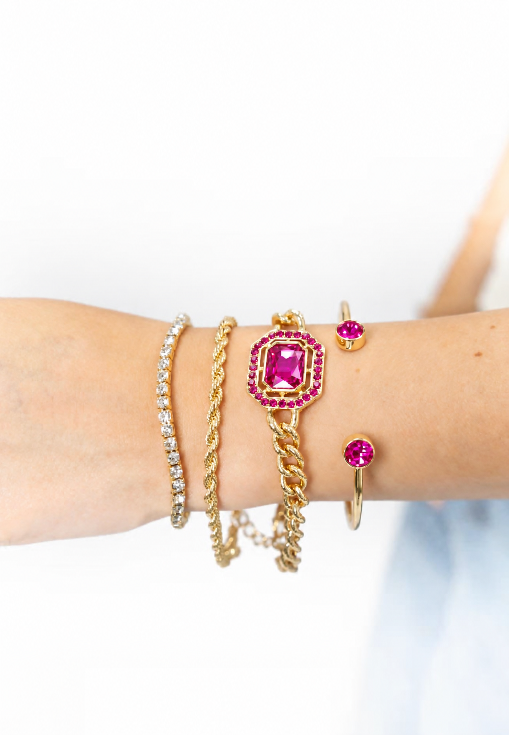 AB92697-HP Grace + Emma Fashion Jewelry Gold and Hot Pink Bracelet Set 0