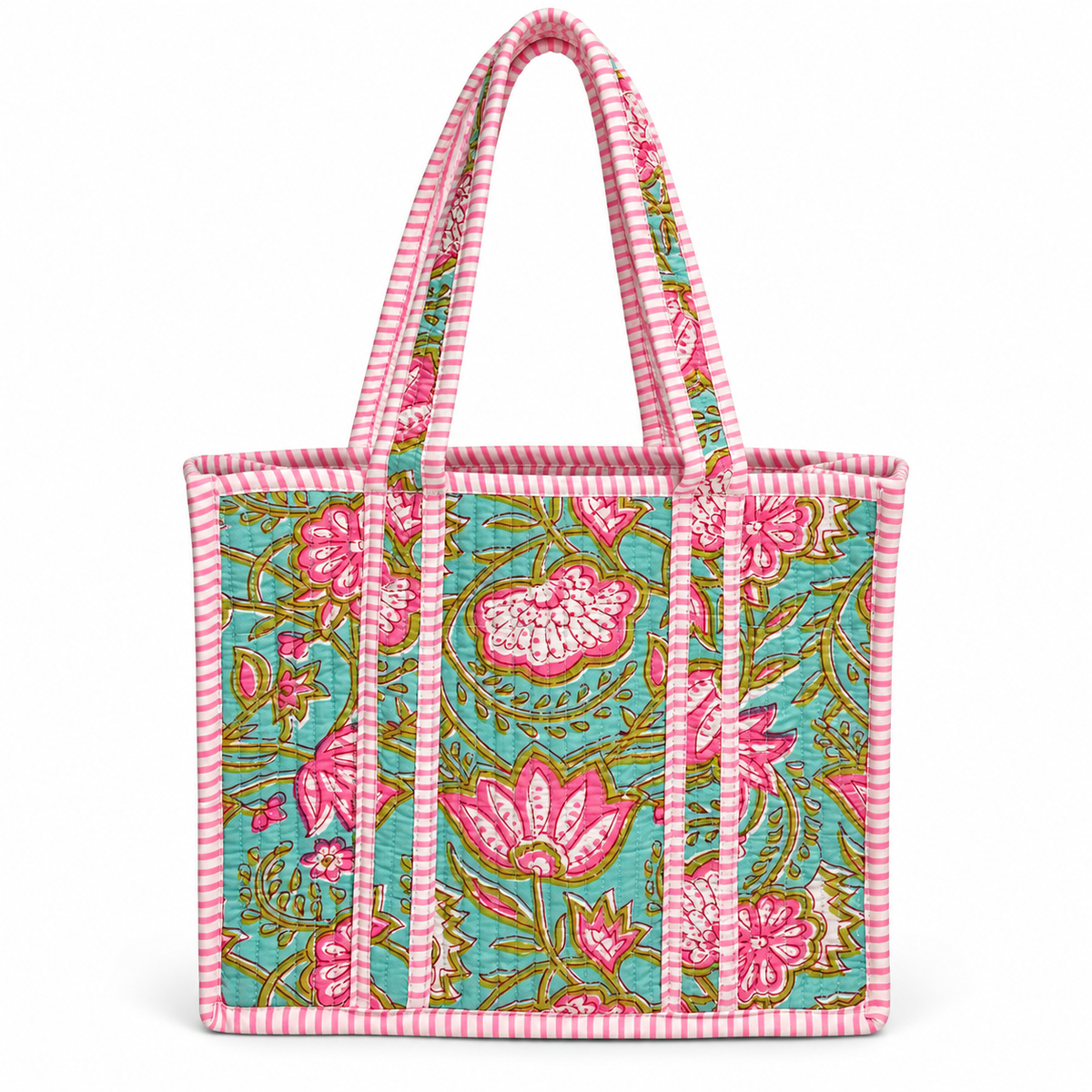 Pink Floral Turquoise Quilted Mini Tote Bag 0