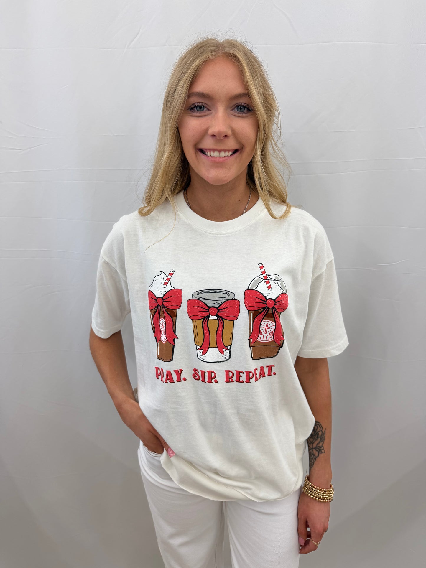 RDG61W11 Royce Pray Sip Repeat Ivory Hi Lo Ivory Hi Lo Poncho Tee