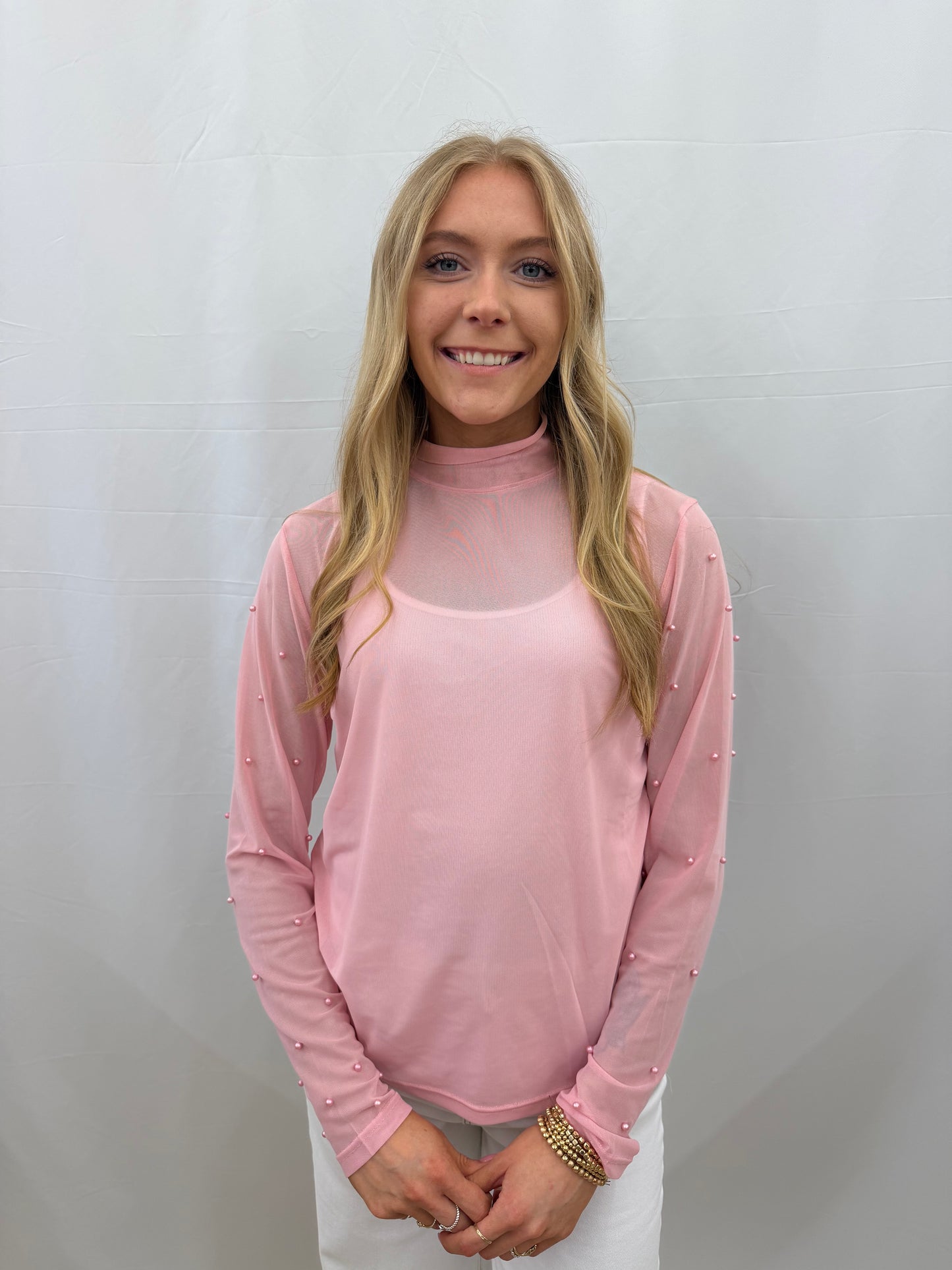 9447E-PK Grace and Emma Mock Neck Mesh Layering Top with Pearl Sleeves