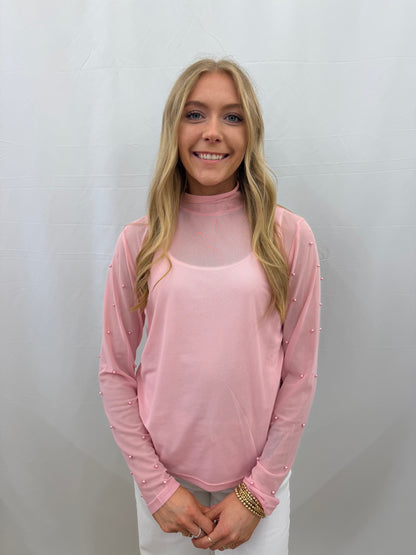 9447E-PK Grace and Emma Mock Neck Mesh Layering Top with Pearl Sleeves