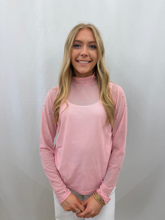 9447E-PK Grace and Emma Mock Neck Mesh Layering Top with Pearl Sleeves
