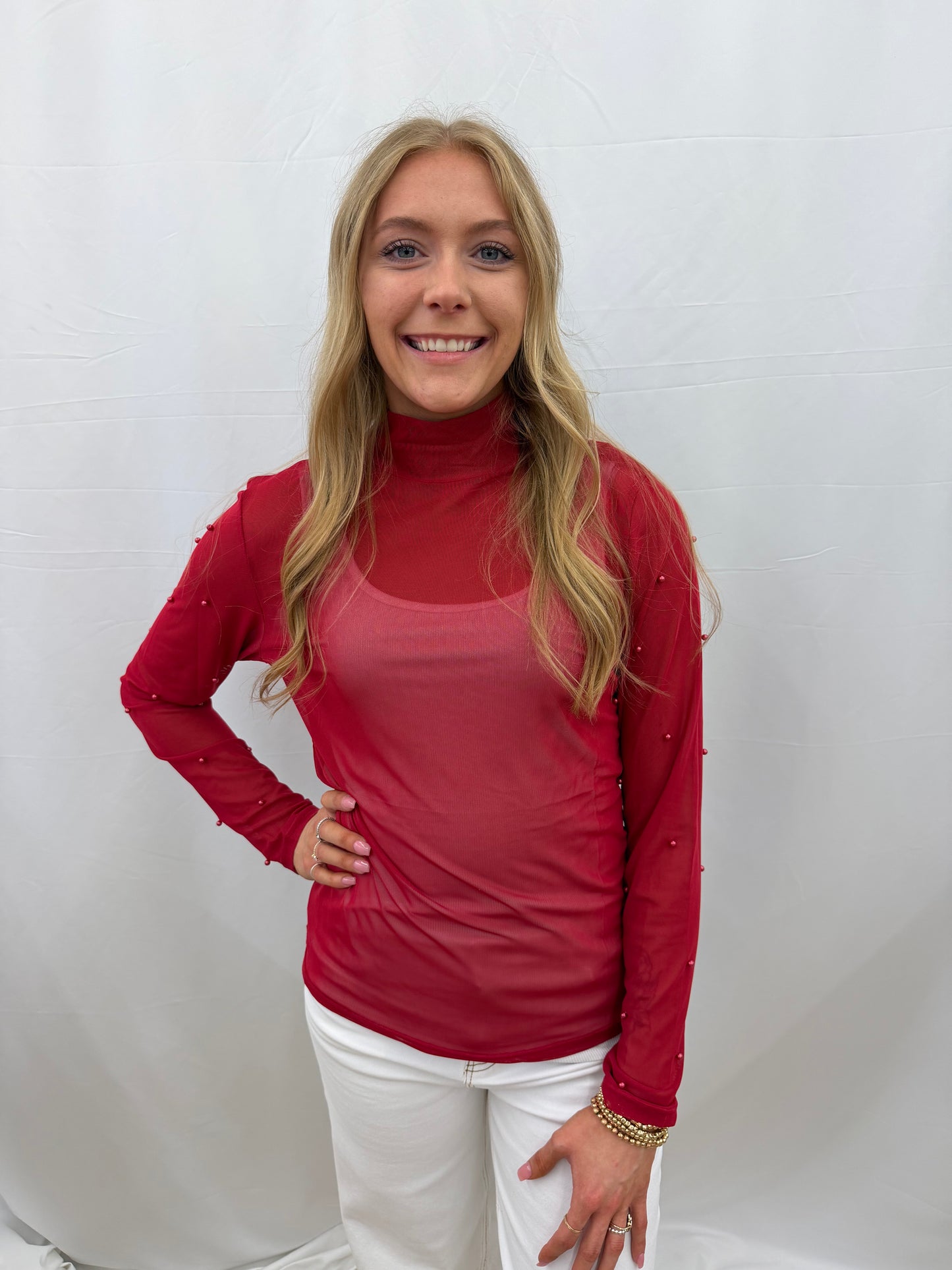 9447E-RD Grace & Emma Crimson Mock Neck Layering Mesh Tee with Pearl Accents