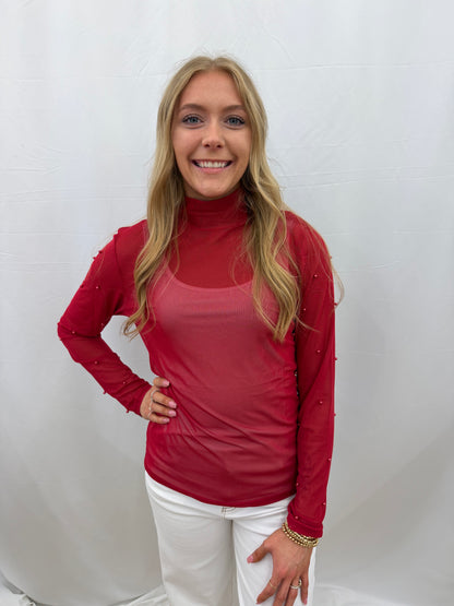 9447E-RD Grace & Emma Crimson Mock Neck Layering Mesh Tee with Pearl Accents