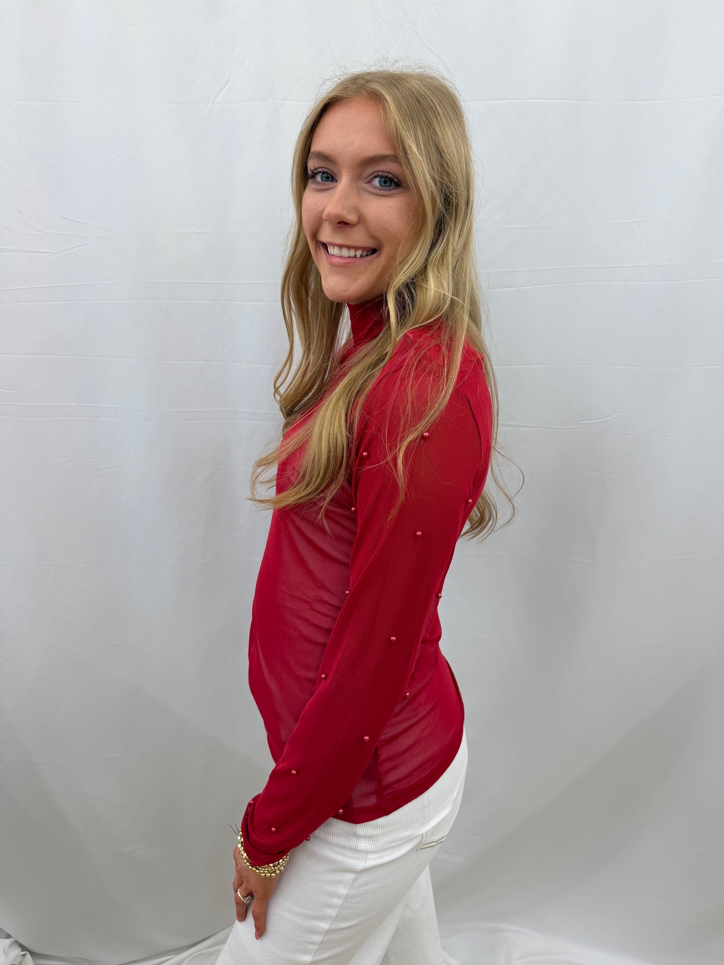 9447E-RD Grace & Emma Crimson Mock Neck Layering Mesh Tee with Pearl Accents