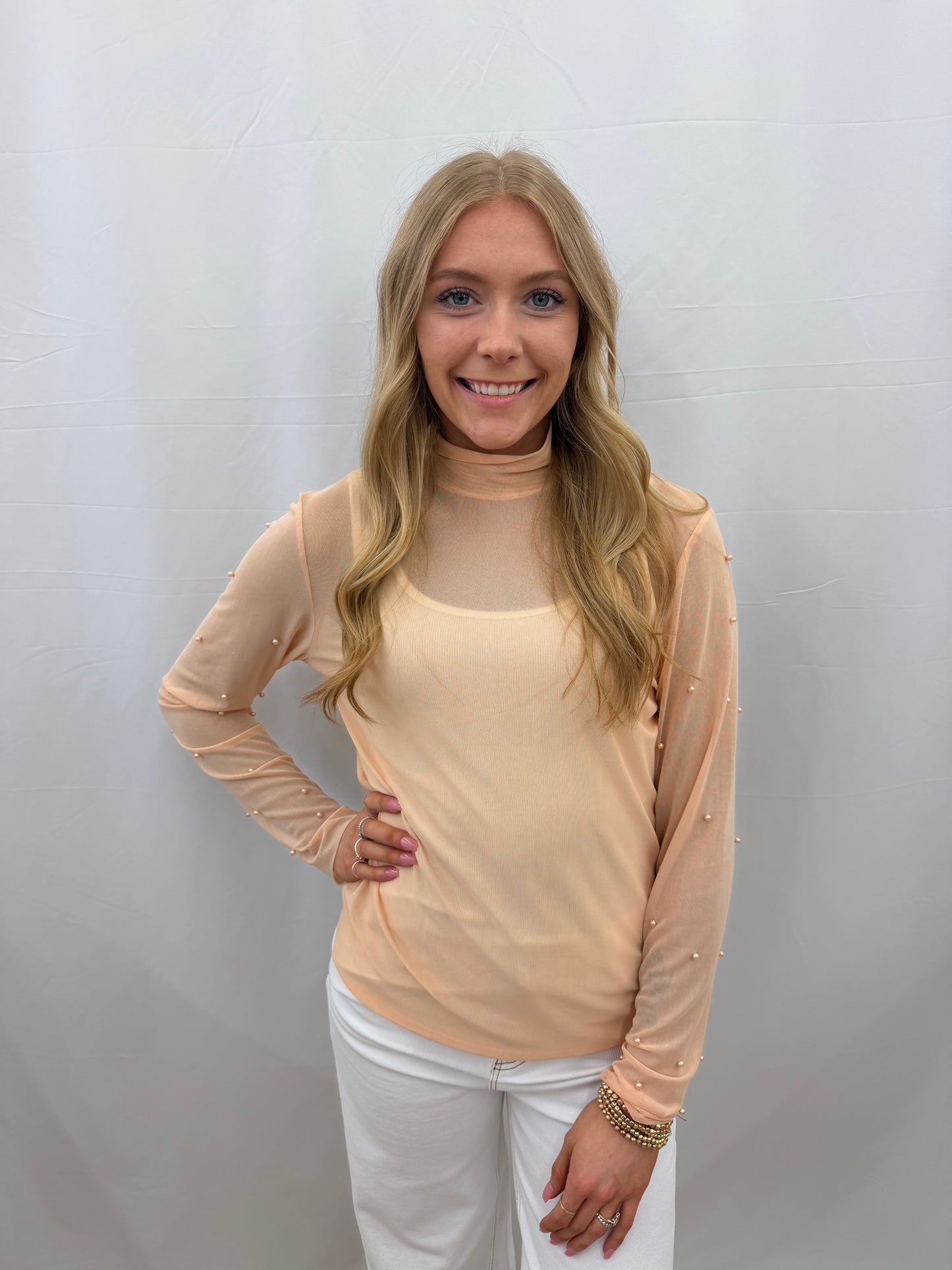 9447E-CH Grace & Emma Mock Neck Mesh Layering Top with Pearl Accents Champagne