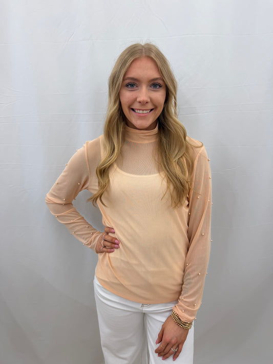 9447E-CH Grace & Emma Mock Neck Mesh Layering Top with Pearl Accents Champagne