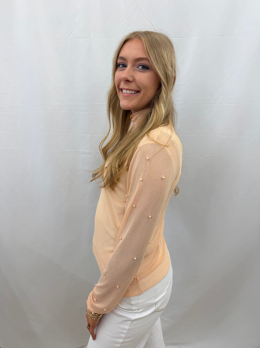 9447E-CH Grace & Emma Mock Neck Mesh Layering Top with Pearl Accents Champagne