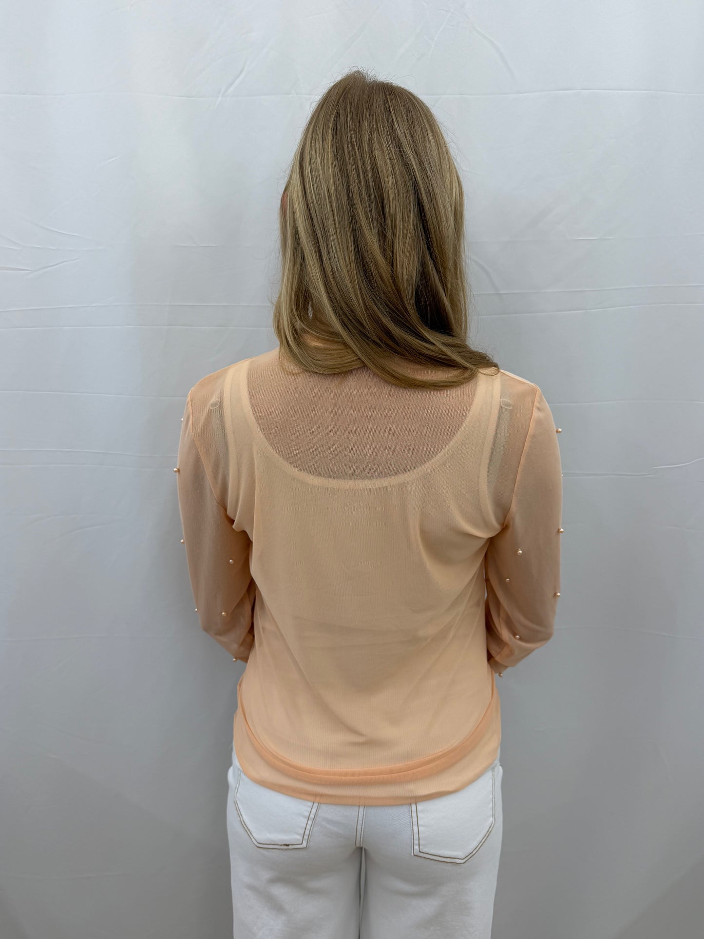 9447E-CH Grace & Emma Mock Neck Mesh Layering Top with Pearl Accents Champagne