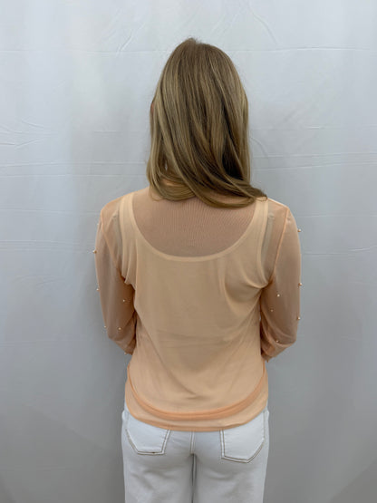 9447E-CH Grace & Emma Mock Neck Mesh Layering Top with Pearl Accents Champagne