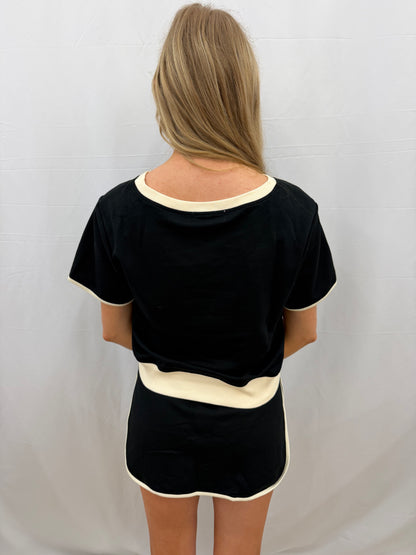 PP-0126-SET-ACTVWR-SKRT-BLK  Simply Southern Black with Ivory Trim Activewear Skort Set