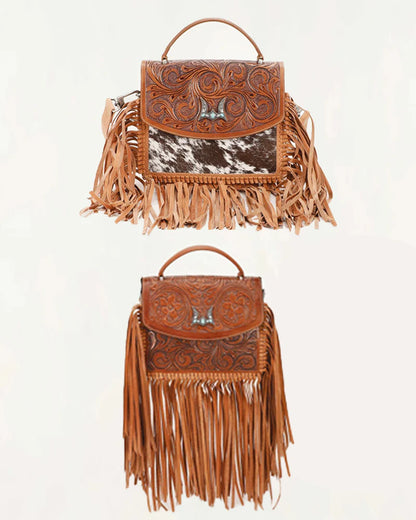 LW-SS25-013-CB Myra Loyal West Classic Flap Medium Tassle Bag Cowhide And Calfskin