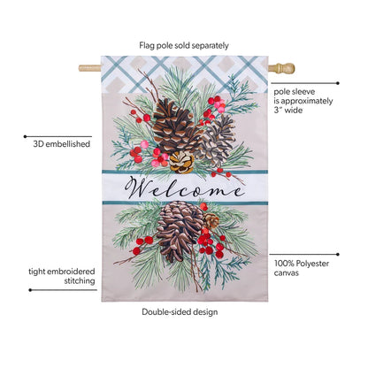 AP5S6HF26 Evergreen Winter Pinecones Applique House Flag 0