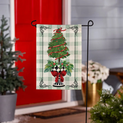 BFRVBGF26 Evergreen Christmas Checkered Topiary Burlap Garden Flag 0