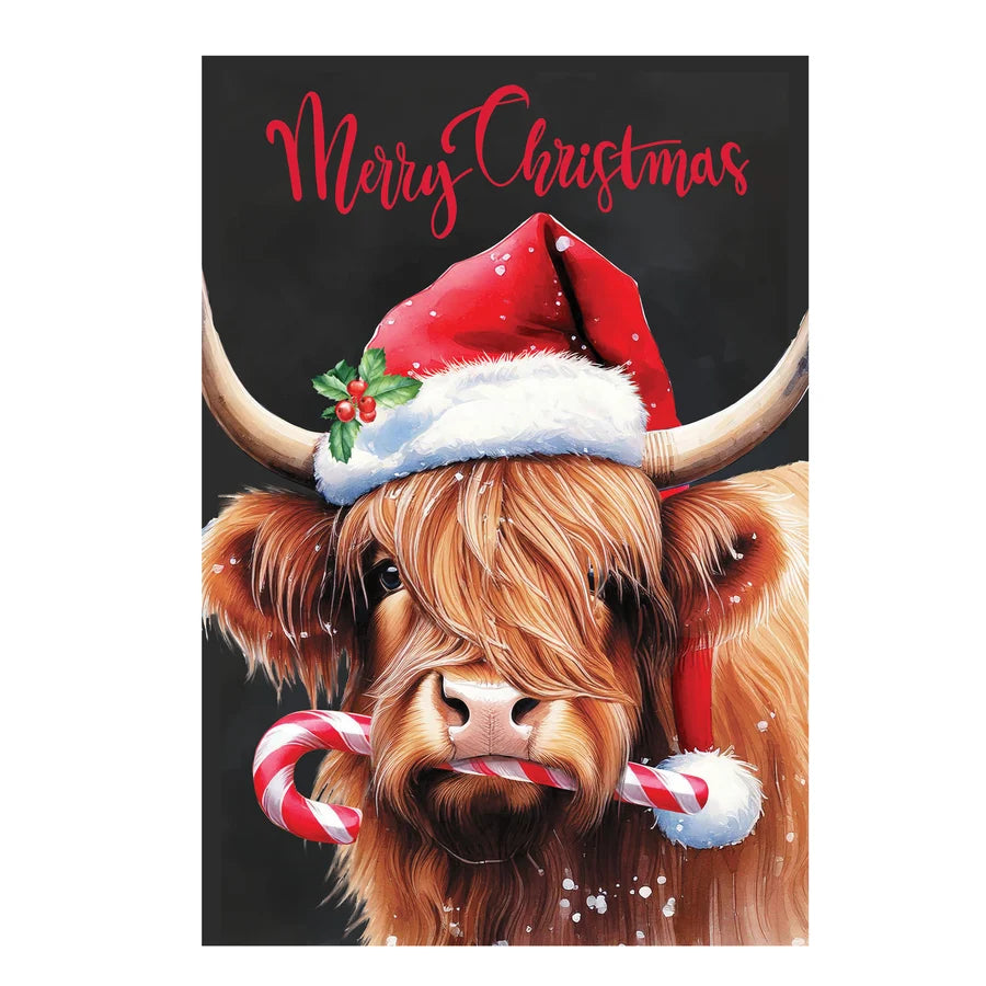 LU7NZGF26 Evergreen Holly Homestead Highland Cow Lustre Garden Flag 0