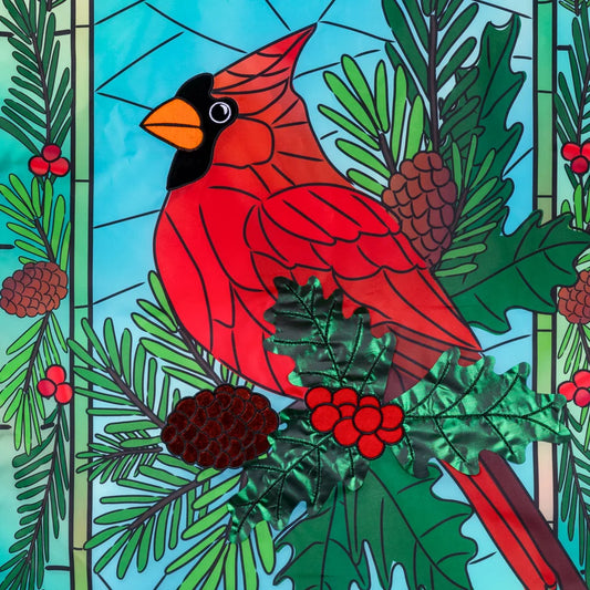 APTCRGF26 Evergreen Stained Glass Winter Cardinal Applique Garden Flag 0