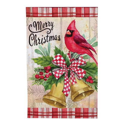 MFB47HF26 Evergreen Christmas Bells Cardinal Moire House Flag 0
