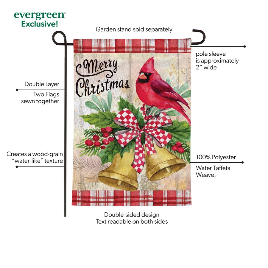 MFCPFGF26 Evergreen Christmas Bells Cardinal Moire Garden Flag 0