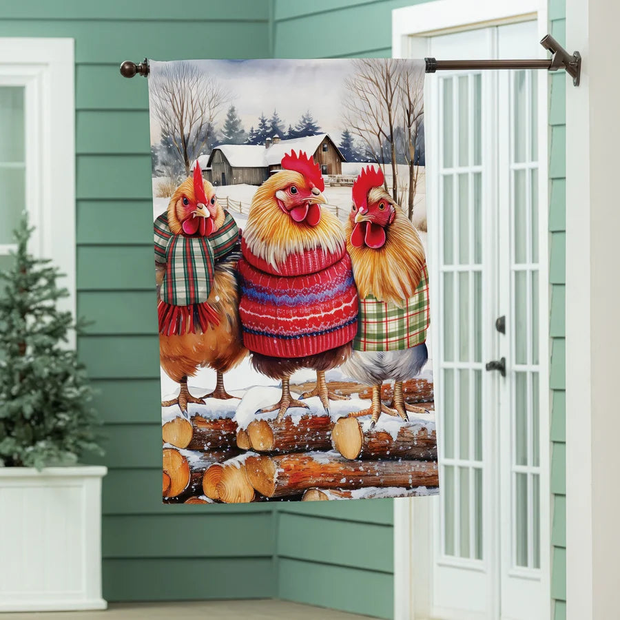 BF463GF26 Evergreen Holly Homestead Cozy Hens Burlap Garden Flag 0