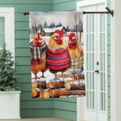 BF463GF26 Evergreen Holly Homestead Cozy Hens Burlap Garden Flag 0