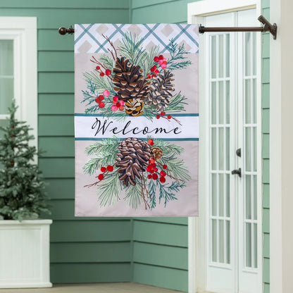 AP5S6HF26 Evergreen Winter Pinecones Applique House Flag 0