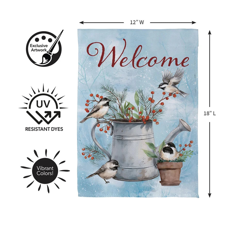 SX7PNHF26 Evergreen Snowbirds Chickadee Watering Can Suede Garden Flag 0