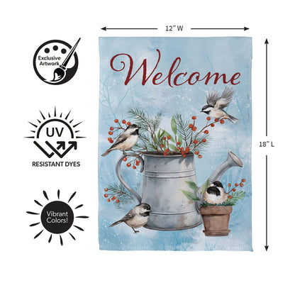 SX7PNHF26 Evergreen Snowbirds Chickadee Watering Can Suede Garden Flag 0