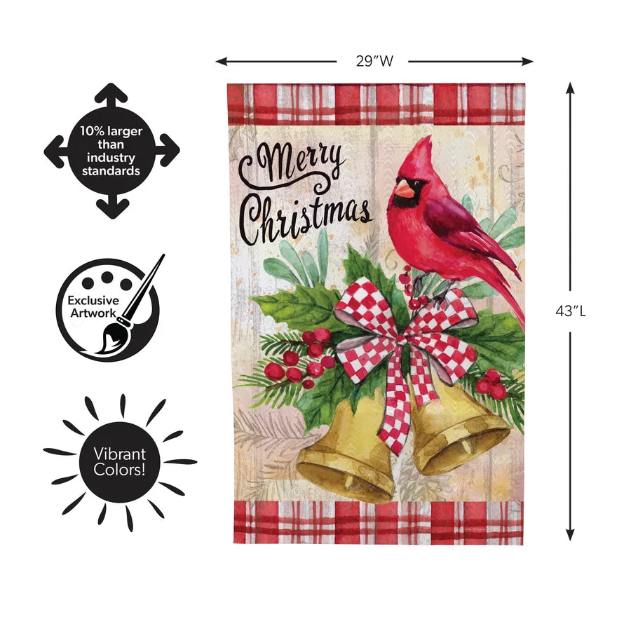 MFB47HF26 Evergreen Christmas Bells Cardinal Moire House Flag 0