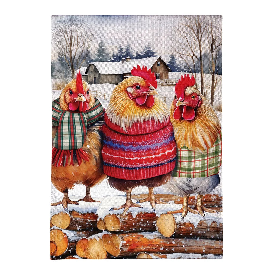 BF463GF26 Evergreen Holly Homestead Cozy Hens Burlap Garden Flag 0