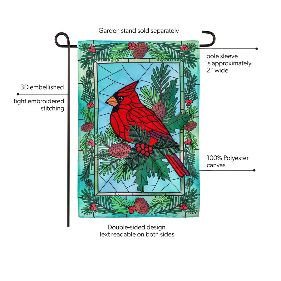 APTCRGF26 Evergreen Stained Glass Winter Cardinal Applique Garden Flag 0