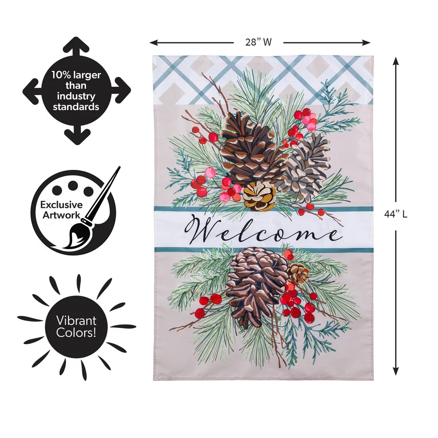 AP5S6HF26 Evergreen Winter Pinecones Applique House Flag 0